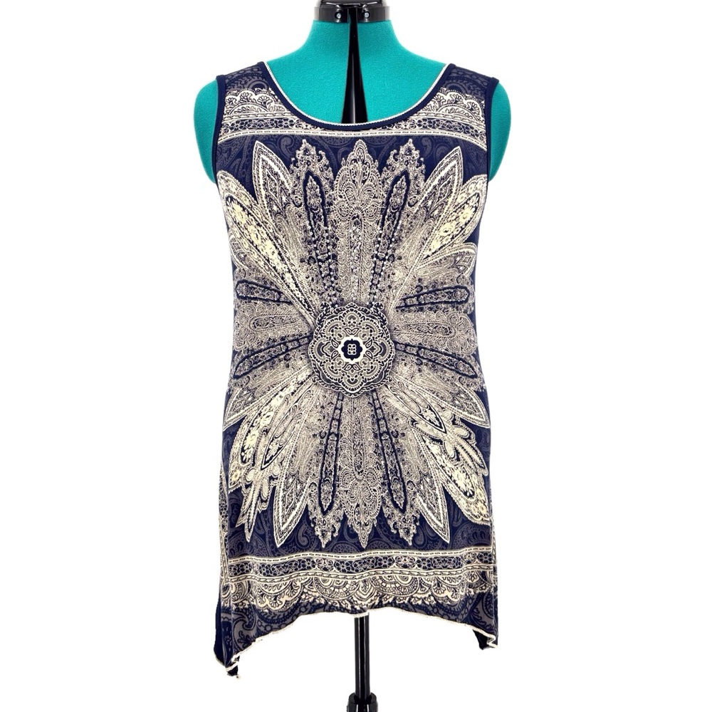 Vintage Vanilla Navy & Cream Sharkbite Hem Embellished Front Tunic Tank, Medium